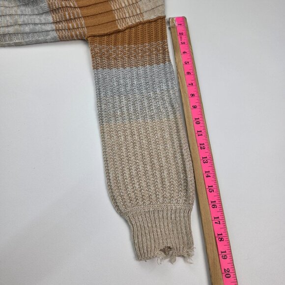Womens XS Distressed V Neck Striped Knit Sweater Beige Tan Gray Boho Grunge - Picture 15 of 15